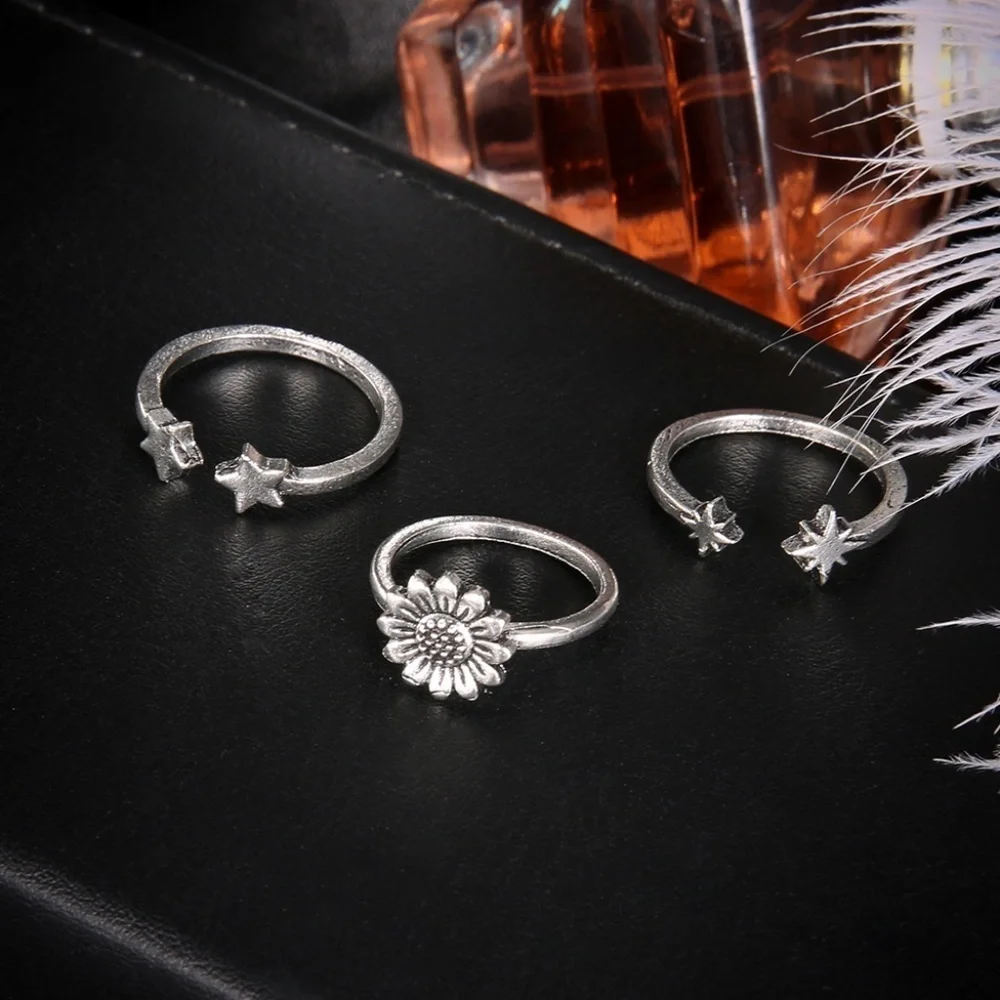 *ALIZ* 3-Pc Silver Star x Flower Fashion Ring Set